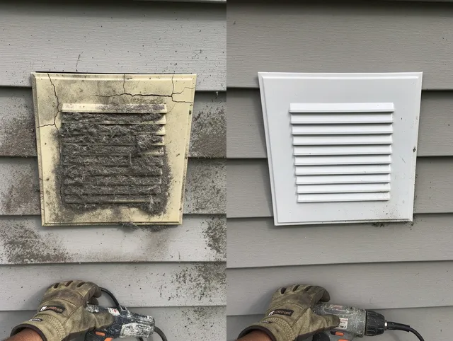 Colton Dryer Vent Cleaning technician installing high-quality dryer vent cover at a residential property in Colton