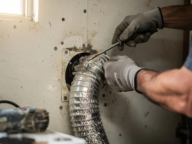 Colton Dryer Vent Cleaning technician performing precise dryer vent hose installation in Colton